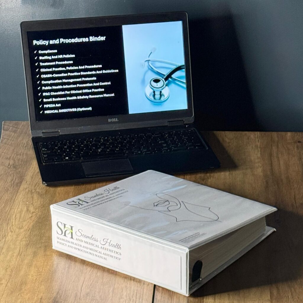 The Seamless Health aesthetic policy and procedure manual shown as a printed binder beside its digital contents