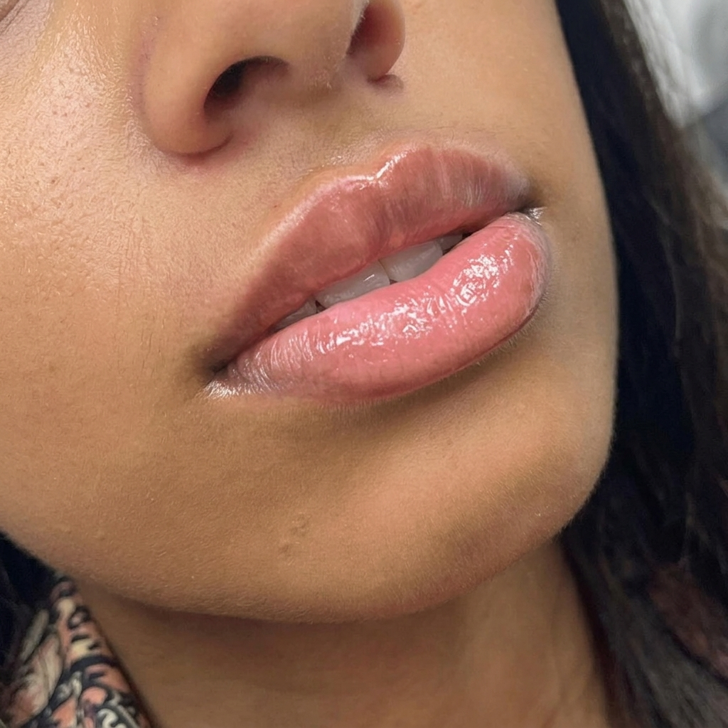 Lips after filler treatment, fuller and more defined
